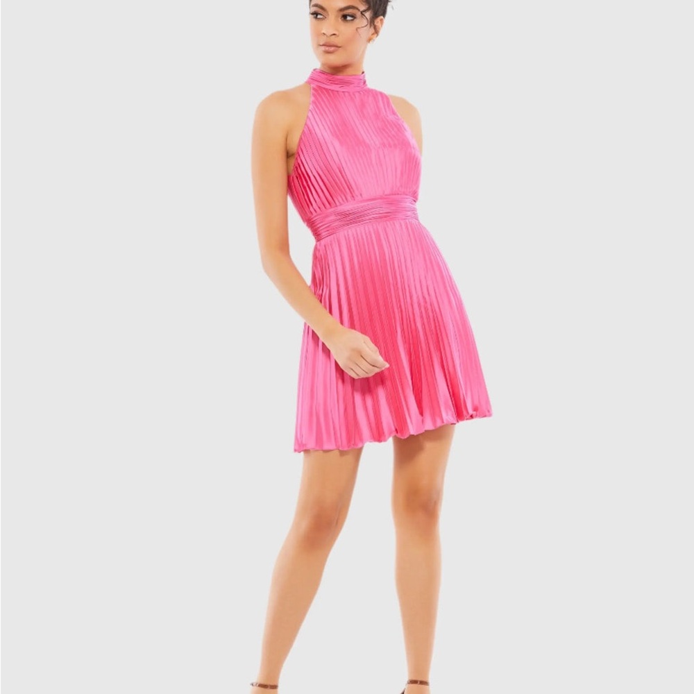 Pink High Neck Pleated A-Line Mini Dress